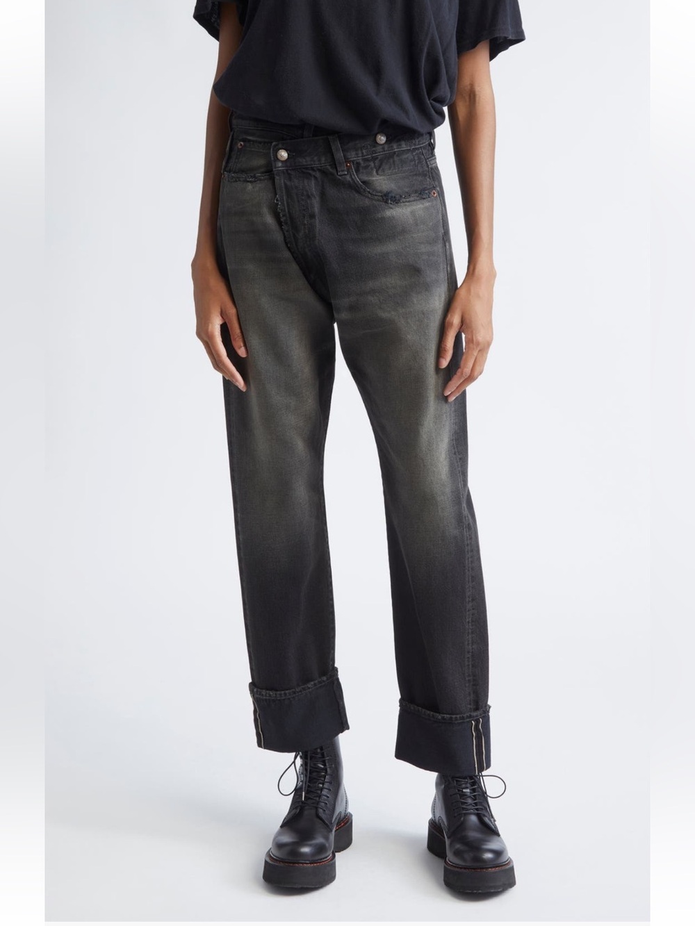 NWT R13 Cuffed Crossover Straight Leg Jeans Phantom Selvedge Black Made in Italy